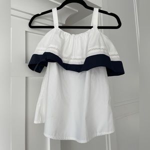 Off the shoulder white and navy top